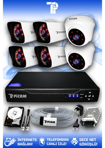 6 Kameralı Kare 2 İç Kamera Set 320 GB HDD Full HD Gece Görüşlü Güvenlik Kamerası Sistemi