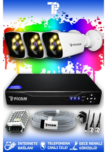 3 Kameralı Kare 3 Dış Kamera Set HDD'siz Full HD Renkli Gece Görüşlü Güvenlik Kamerası Sistemi