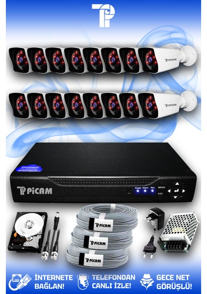 16 Kameralı Kare 16 Dış Kamera Set 2 TB HDD Full HD Gece Görüşlü Güvenlik Kamerası Sistemi