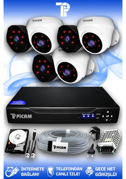 6 Kameralı Uzay 3 İç Kamera Set 500 GB HDD Full HD Gece Görüşlü Güvenlik Kamerası Sistemi