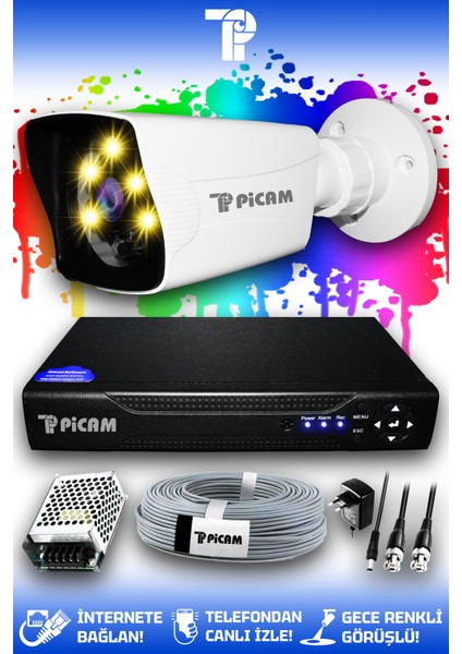 1 Kameralı Kare 1 Dış Kamera Set HDD'siz Full HD Renkli Gece Görüşlü Güvenlik Kamerası Sistemi