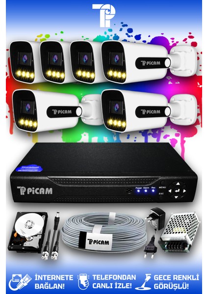 6 Kameralı Zebra 6 Dış Kamera Set 2 TB HDD Full HD Renkli Gece Görüşlü Güvenlik Kamerası Sistemi
