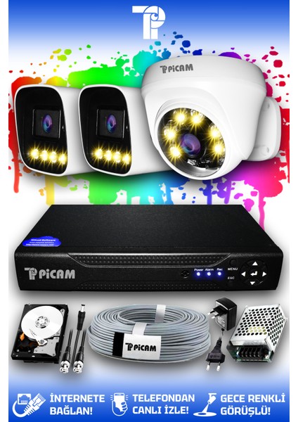 3 Kameralı Zebra 1 İç Kamera Set 1 TB HDD Full HD Renkli Gece Görüşlü Güvenlik Kamerası Sistemi