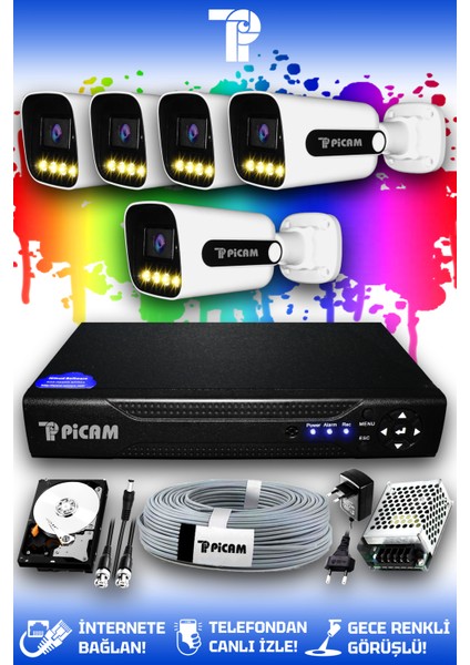 5 Kameralı Zebra 5 Dış Kamera Set 320 GB HDD Full HD Renkli Gece Görüşlü Güvenlik Kamerası Sistemi