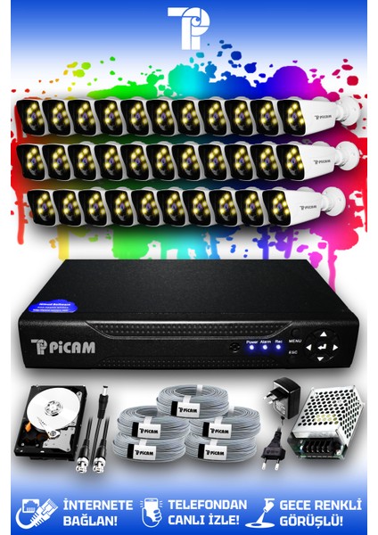 32 Kameralı Kare 32 Dış Kamera Set 1 TB HDD Full HD Renkli Gece Görüşlü Güvenlik Kamerası Sistemi