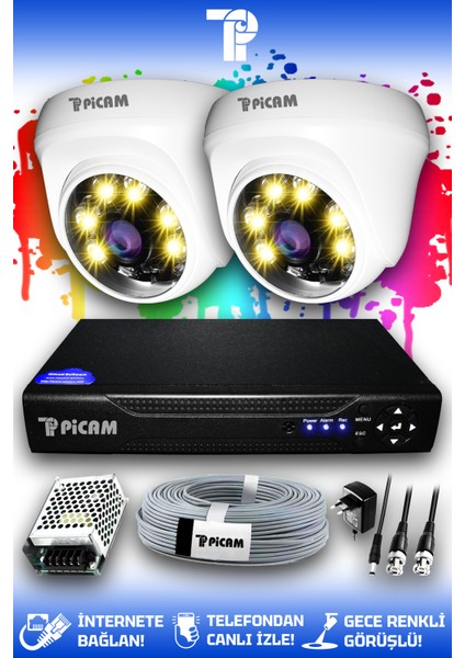 2 Kameralı Dome 2 İç Kamera Set HDD'siz Full HD Renkli Gece Görüşlü Güvenlik Kamerası Sistemi