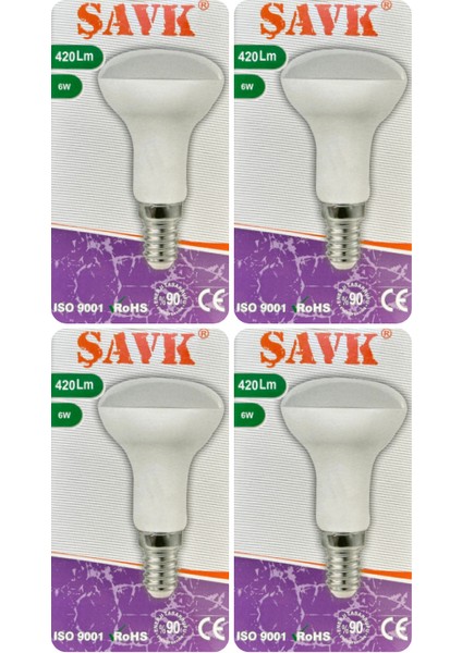(4 adet) Şavk 6W (37W) Beyaz Işık (6500K) E14 DUYLU (Ince Duy) LED R50 AMPUL