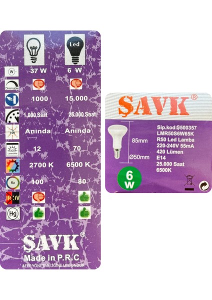 (4 adet) Şavk 6W (37W) Beyaz Işık (6500K) E14 DUYLU (Ince Duy) LED R50 AMPUL fırsatları