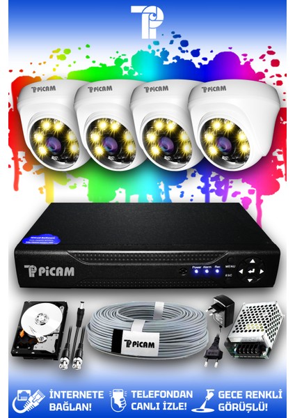 4 Kameralı Dome 4 İç Kamera Set 100 GB HDD Full HD Renkli Gece Görüşlü Güvenlik Kamerası Sistemi