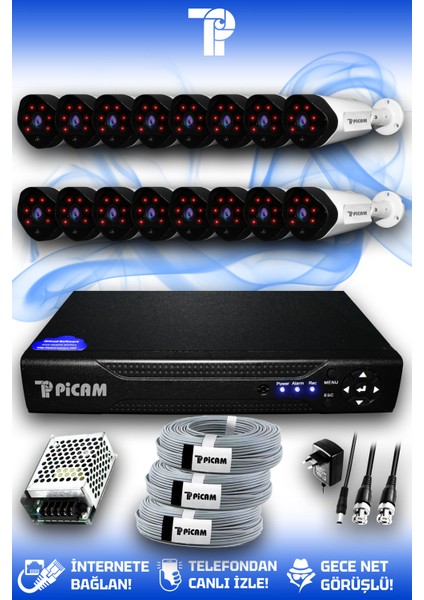 16 Kameralı Uzay 16 Dış Kamera Set HDD'siz Full HD Gece Görüşlü Güvenlik Kamerası Sistemi