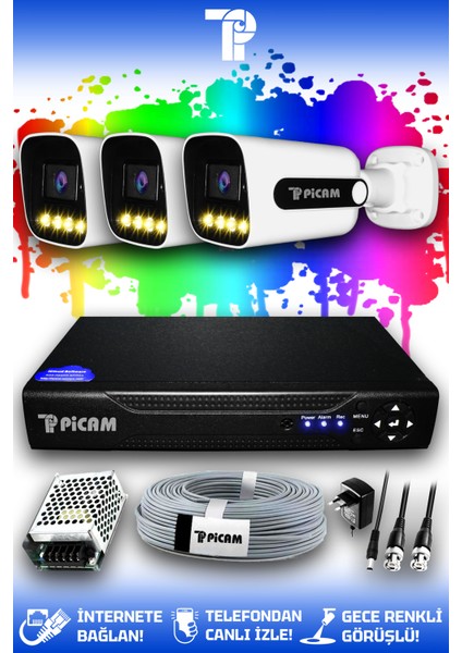 3 Kameralı Zebra 3 Dış Kamera Set HDD'siz Full HD Renkli Gece Görüşlü Güvenlik Kamerası Sistemi