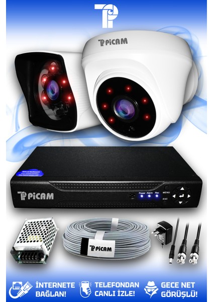 2 Kameralı Kare 1 İç Kamera Set HDD'siz Full HD Gece Görüşlü Güvenlik Kamerası Sistemi
