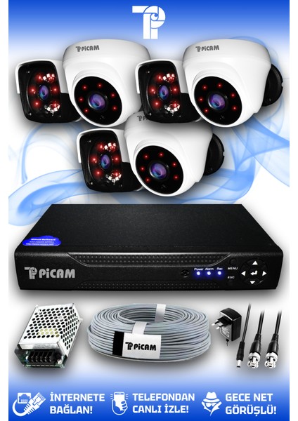 6 Kameralı Panda 3 İç Kamera Set HDD'siz Full HD Gece Görüşlü Güvenlik Kamerası Sistemi