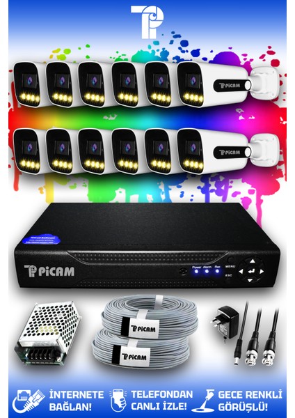 12 Kameralı Zebra 12 Dış Kamera Set HDD'siz Full HD Renkli Gece Görüşlü Güvenlik Kamerası Sistemi