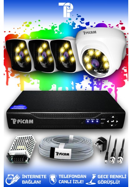 4 Kameralı Kare 1 İç Kamera Set HDD'siz Full HD Renkli Gece Görüşlü Güvenlik Kamerası Sistemi