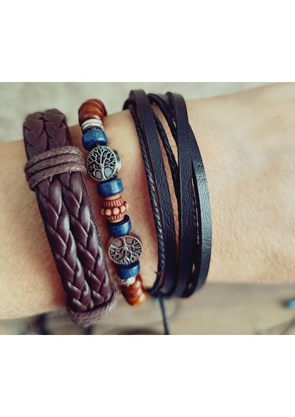 Unisx 2 -Adet Hakiki Deri Bileklik 1 - Adet Barış Hayat Ağaçı Kaplan Gözü Boncuk Şans Bileklik