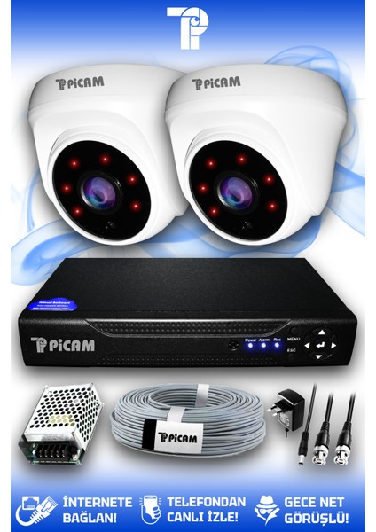 2 Kameralı Dome 2 İç Kamera Set HDD'siz Full HD Gece Görüşlü Güvenlik Kamerası Sistemi
