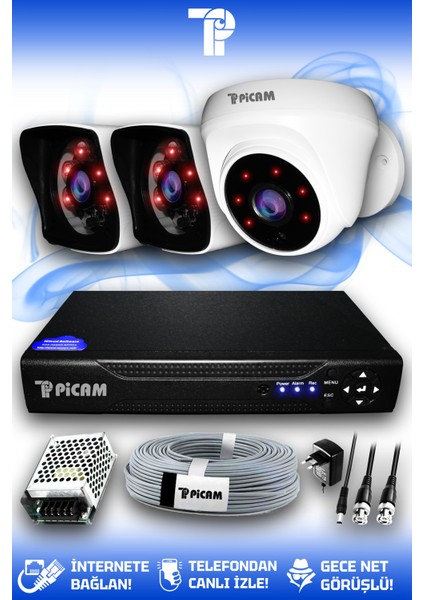 3 Kameralı Kare 1 İç Kamera Set HDD'siz Full HD Gece Görüşlü Güvenlik Kamerası Sistemi
