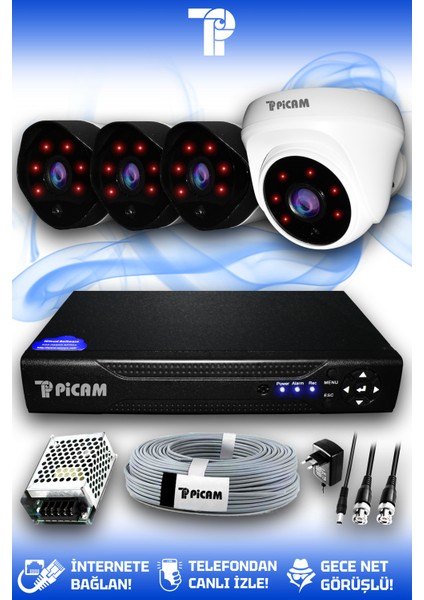 4 Kameralı Uzay 1 İç Kamera Set HDD'siz Full HD Gece Görüşlü Güvenlik Kamerası Sistemi