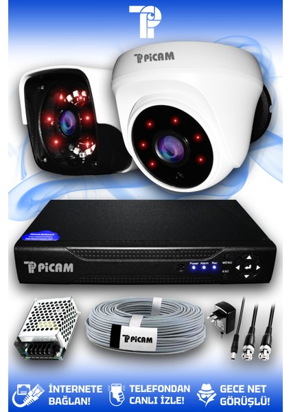 2 Kameralı Panda 1 İç Kamera Set HDD'siz Full HD Gece Görüşlü Güvenlik Kamerası Sistemi