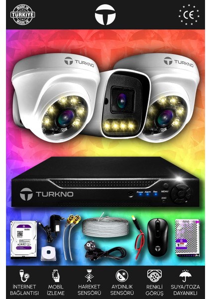 3 Kameralı Navie 2 Iç Kamera Set 250 GB HDD Full Hd Renkli Gece Görüşlü Güvenlik Kamerası Sistemi