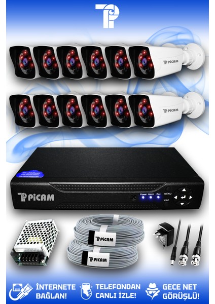 12 Kameralı Kare 12 Dış Kamera Set HDD'siz Full HD Gece Görüşlü Güvenlik Kamerası Sistemi