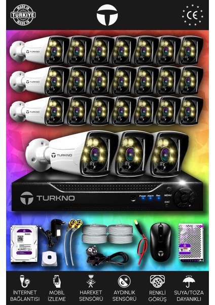 24 Kameralı Karie 24 Dış Kamera Set 100 GB HDD Full Hd Renkli Gece Görüşlü Güvenlik Kamerası Sistemi