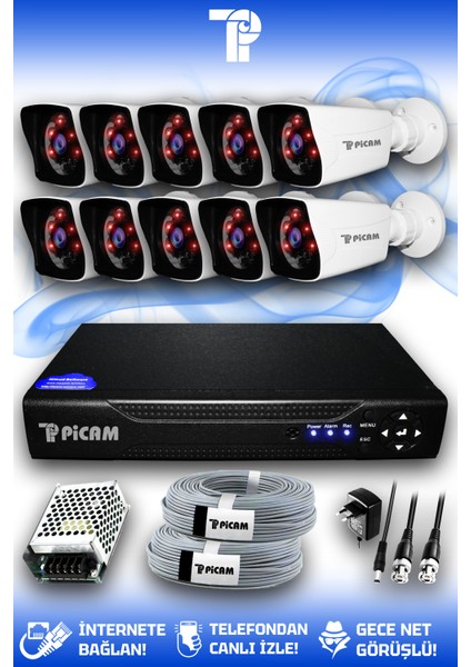 10 Kameralı Kare 10 Dış Kamera Set HDD'siz Full HD Gece Görüşlü Güvenlik Kamerası Sistemi