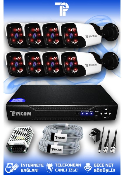 8 Kameralı Panda 8 Dış Kamera Set HDD'siz Full HD Gece Görüşlü Güvenlik Kamerası Sistemi