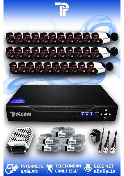 32 Kameralı Panda 32 Dış Kamera Set HDD'siz Full HD Gece Görüşlü Güvenlik Kamerası Sistemi