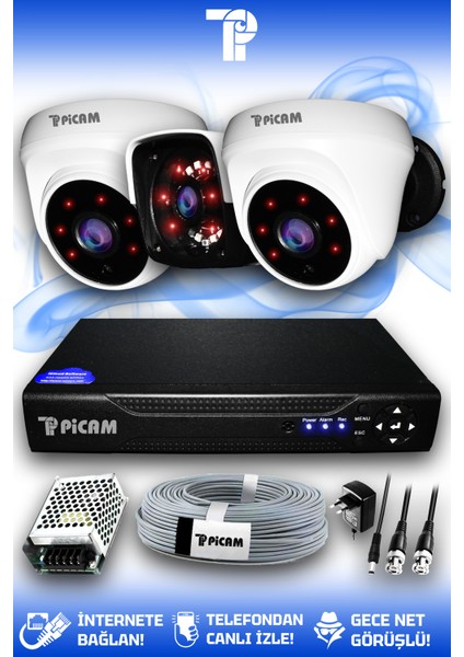 3 Kameralı Panda 2 İç Kamera Set HDD'siz Full HD Gece Görüşlü Güvenlik Kamerası Sistemi