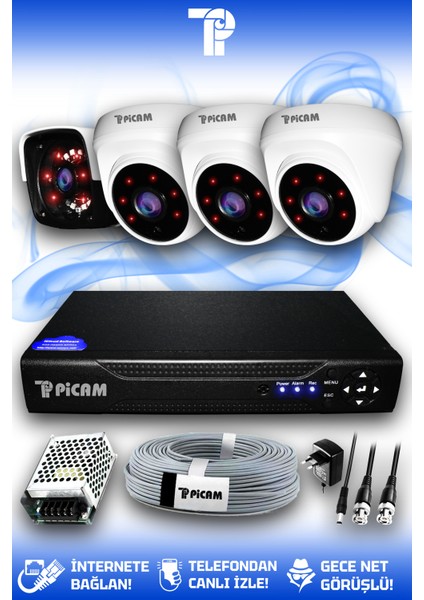 4 Kameralı Panda 3 İç Kamera Set HDD'siz Full HD Gece Görüşlü Güvenlik Kamerası Sistemi