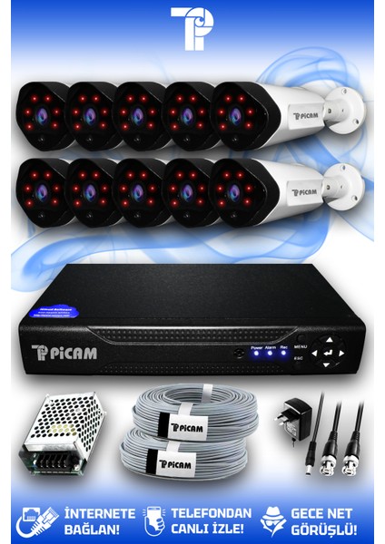 10 Kameralı Uzay 10 Dış Kamera Set HDD'siz Full HD Gece Görüşlü Güvenlik Kamerası Sistemi