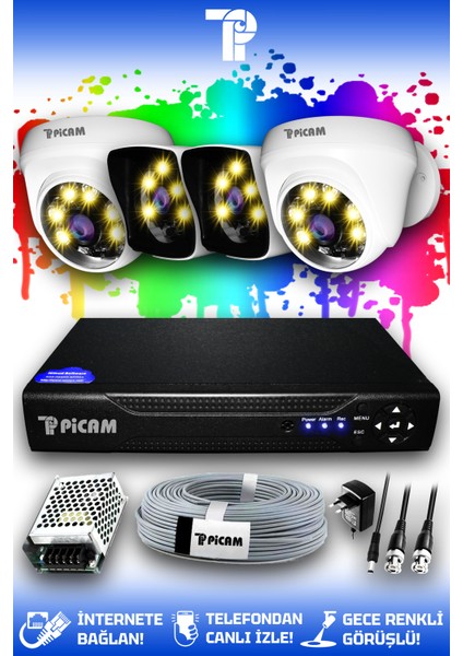 4 Kameralı Kare 2 İç Kamera Set HDD'siz Full HD Renkli Gece Görüşlü Güvenlik Kamerası Sistemi