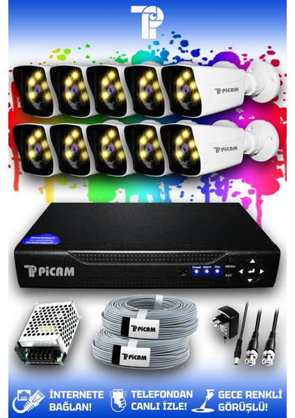 10 Kameralı Kare 10 Dış Kamera Set HDD'siz Full HD Renkli Gece Görüşlü Güvenlik Kamerası Sistemi