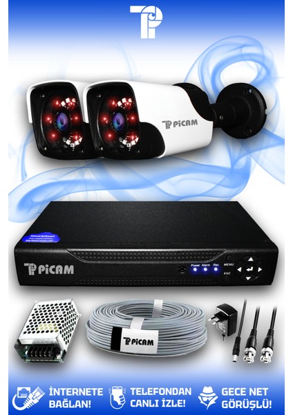 2 Kameralı Panda 2 Dış Kamera Set HDD'siz Full HD Gece Görüşlü Güvenlik Kamerası Sistemi