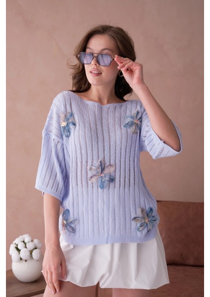 Kayık Yaka Çiçek Aplikeli Salaş Triko Kazak modelleri