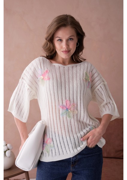 Kayık Yaka Çiçek Aplikeli Salaş Triko Kazak modelleri