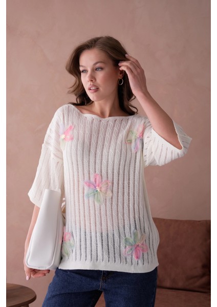 Kayık Yaka Çiçek Aplikeli Salaş Triko Kazak indirimleri
