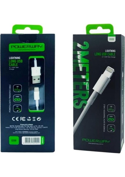 Powerway BX08 IPHONE 2100 Ma Hızlı 2 Metre Şarj ve Data Kablosu fiyatları