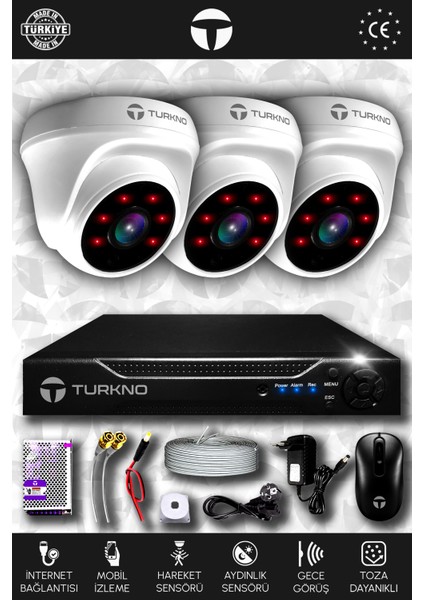 3 Kameralı Domia 3 Iç Kamera Set Hdd'siz Full Hd Gece Görüşlü Güvenlik Kamerası Sistemi