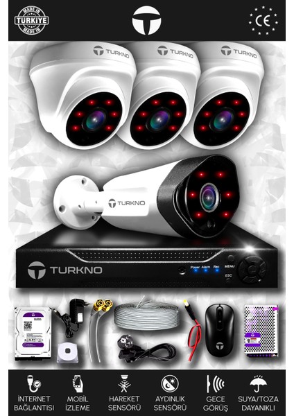 4 Kameralı Galia 3 Iç Kamera Set 250 GB HDD Full Hd Gece Görüşlü Güvenlik Kamerası Sistemi
