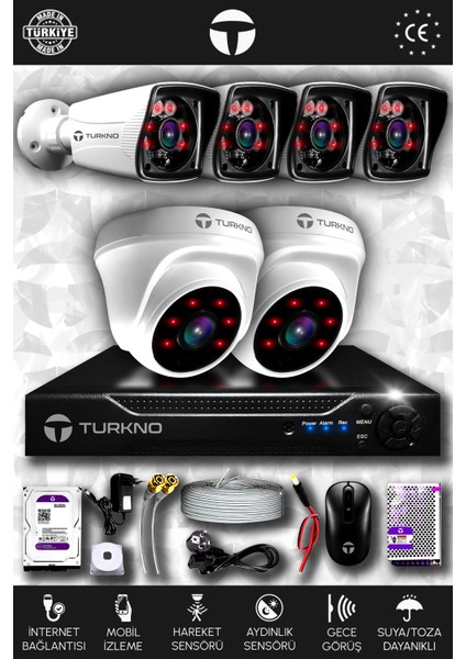 6 Kameralı Karia 2 İç Kamera Set 250 GB HDD Full HD Gece Görüşlü Güvenlik Kamerası Sistemi