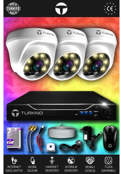 3 Kameralı Domie 3 Iç Kamera Set 1 Tb HDD Full Hd Renkli Gece Görüşlü Güvenlik Kamerası Sistemi