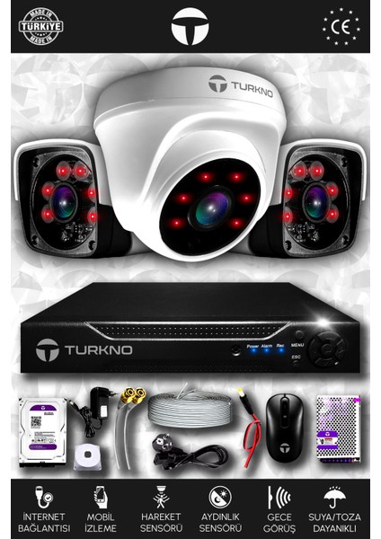 3 Kameralı Pania 1 Iç Kamera Set 250 GB HDD Full Hd Gece Görüşlü Güvenlik Kamerası Sistemi