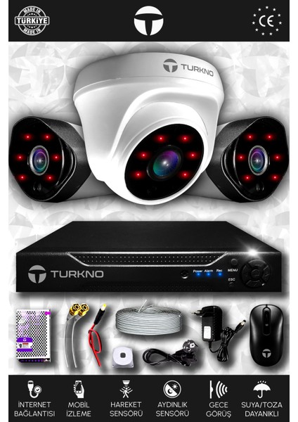 3 Kameralı Galia 1 Iç Kamera Set Hdd'siz Full Hd Gece Görüşlü Güvenlik Kamerası Sistemi