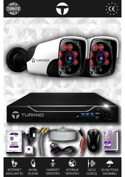 2 Kameralı Pania 2 Dış Kamera Set 2 Tb HDD Full Hd Gece Görüşlü Güvenlik Kamerası Sistemi