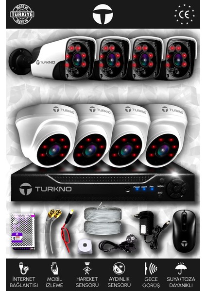 8 Kameralı Pania 4 Iç Kamera Set Hdd'siz Full Hd Gece Görüşlü Güvenlik Kamerası Sistemi