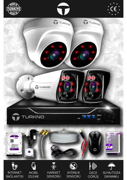 4 Kameralı Karia 2 İç Kamera Set 250 GB HDD Full HD Gece Görüşlü Güvenlik Kamerası Sistemi