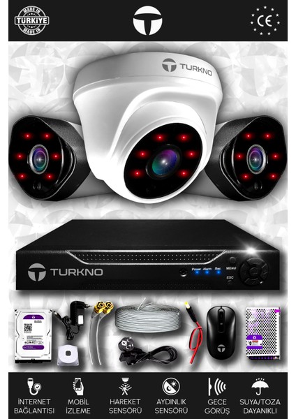 3 Kameralı Galia 1 Iç Kamera Set 2 Tb HDD Full Hd Gece Görüşlü Güvenlik Kamerası Sistemi